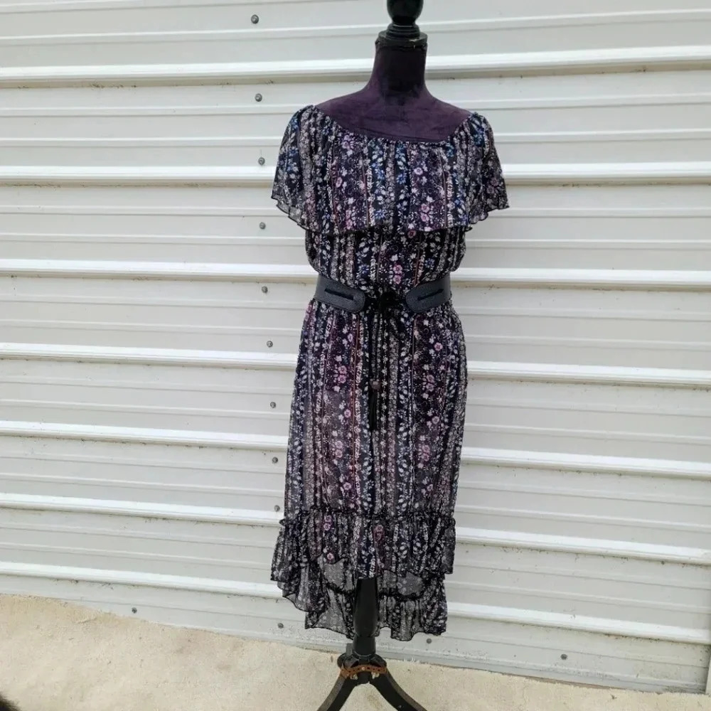 NWOT M.Fasis Womens Black Floral Print Off The Shoulder Long Maxi Dress Belted L